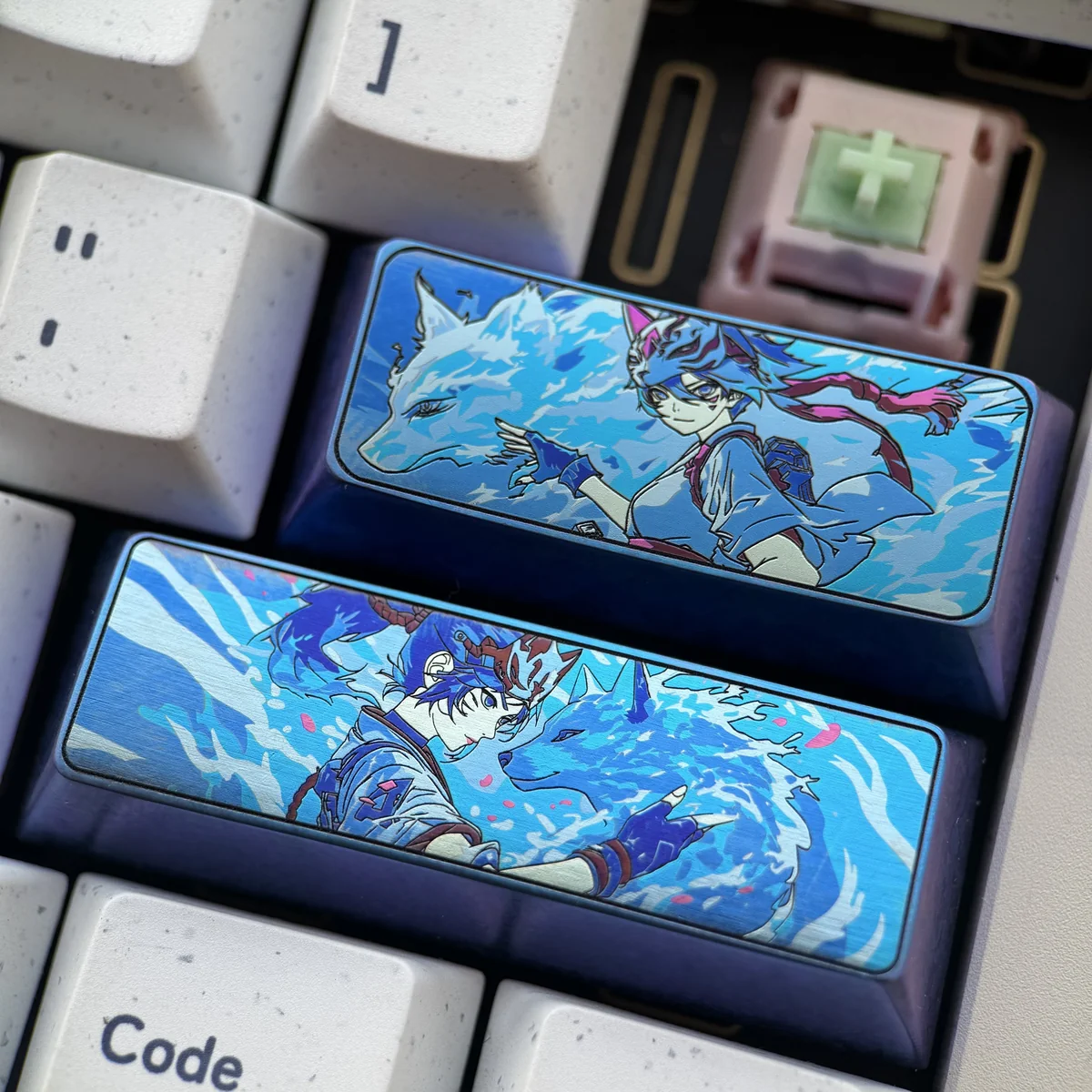 Close-up of the premium titanium Overwatch Kiriko keycap, showcasing its sleek metallic finish and durable craftsmanship, a stunning tribute design.