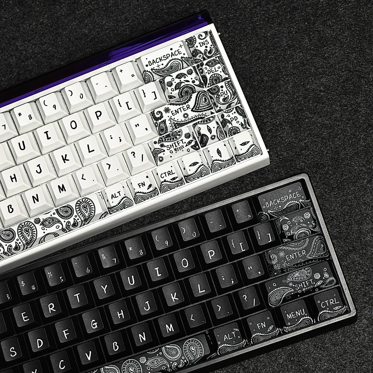 Artistic Paisley PBT Dye-Sub Keycap Set, shown from an elevated angle, highlighting intricate bohemian patterns and rich, vintage textures.