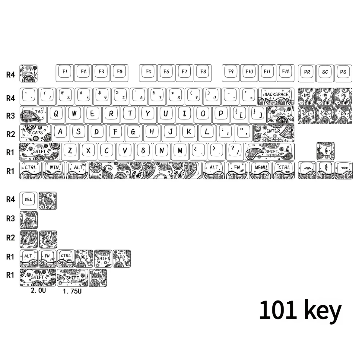Artistic Paisley PBT Dye-Sub Keycap Set showcasing intricate bohemian patterns from multiple angles, enhancing desk aesthetics with vintage charm.