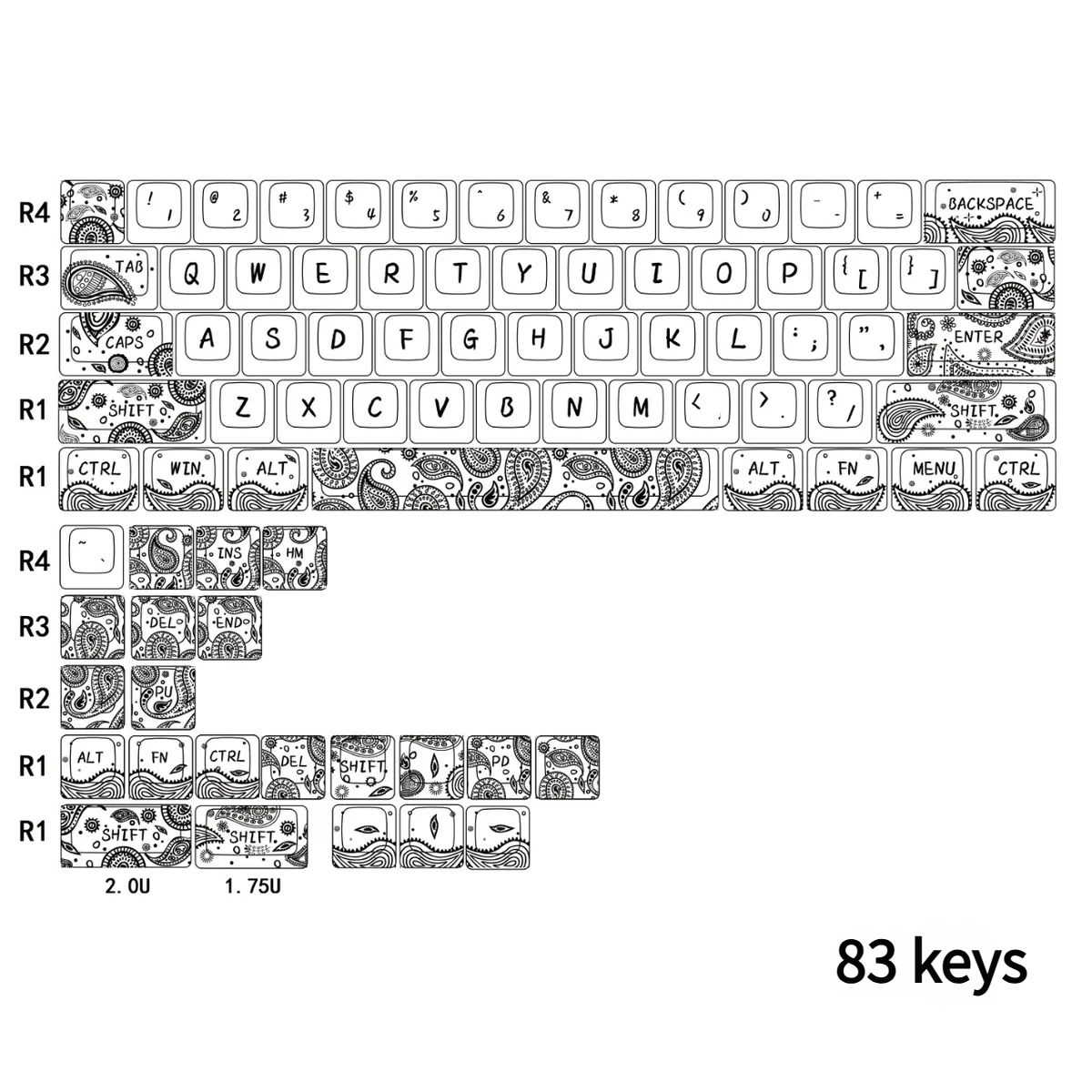 Artistic white Paisley PBT dye-sub 83-keycap set, showcasing intricate bohemian patterns for elegant desk aesthetics.