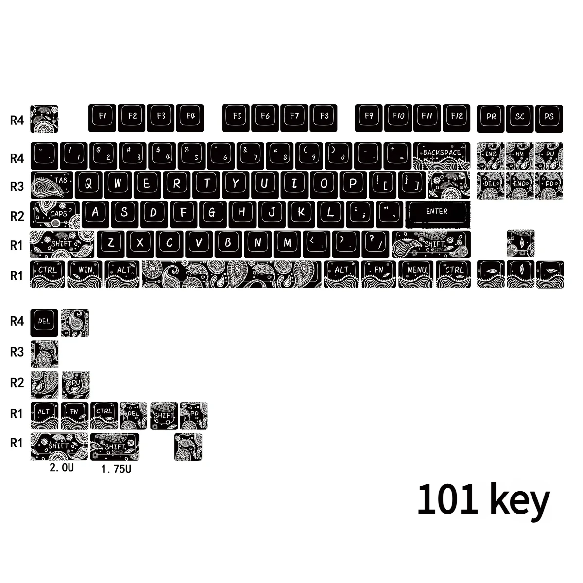 Artistic black Paisley Keycap Set, featuring 101 PBT dye-sub keys with intricate bohemian patterns for a vintage desk aesthetic.