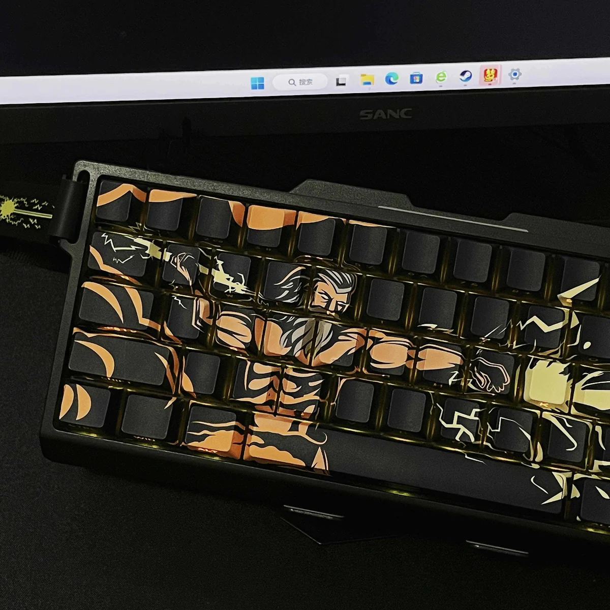 Zeus Side-Engraved Backlit PBT Keycaps Set in sleek black for mechanical keyboards, showing subtle side-lit legends from multiple angles.