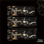 Premium Zeus Side-Engraved Backlit PBT Keycaps Set for mechanical keyboards, shown from multiple angles. Emphasizes sleek black design and subtle side-lit.