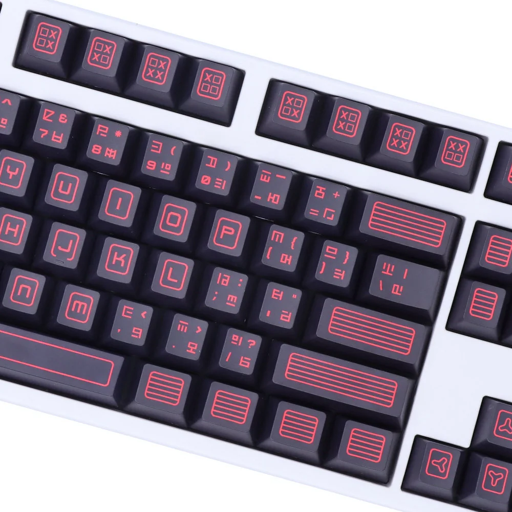 Detailed gallery of Command PBT keycaps set, revealing their durable cherry profile and industrial aesthetic. Shows textured PBT material enhancing keyboard.