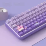 Playful Meow Castle Cat PBT Keycaps Set in Taro Purple, shown from various angles, highlighting the adorable dye-sub cat castle design and durable PBT material.