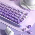 Playful Meow Castle Cat PBT keycaps set in soft taro purple, showcasing durable dye-sub PBT with enchanting cat castle legends from multiple whimsical angles.