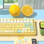 A collection of unique Sea Salt Lemon Cheese PBT keycaps set in MDA profile, showcasing soft pastel blues, vibrant yellows, and creamy whites from various angles.