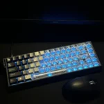 Artistic view of Knight PBT PC Keycaps Set. Features premium dual-tone translucent PBT/PC design for vibrant RGB light passthrough.