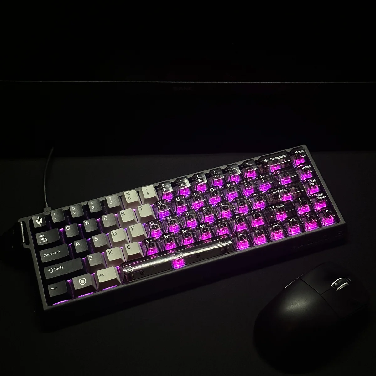 Knight PBT PC Keycaps Set, dual-tone translucent. Angles reveal premium PBT/PC construction and vibrant RGB light passthrough for custom keyboard.