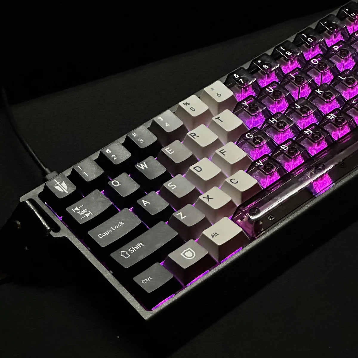 Knight PBT PC Keycaps Set: Dual-tone translucent PBT/PC design. Various angles showcase vibrant RGB light passthrough, premium artistic style.
