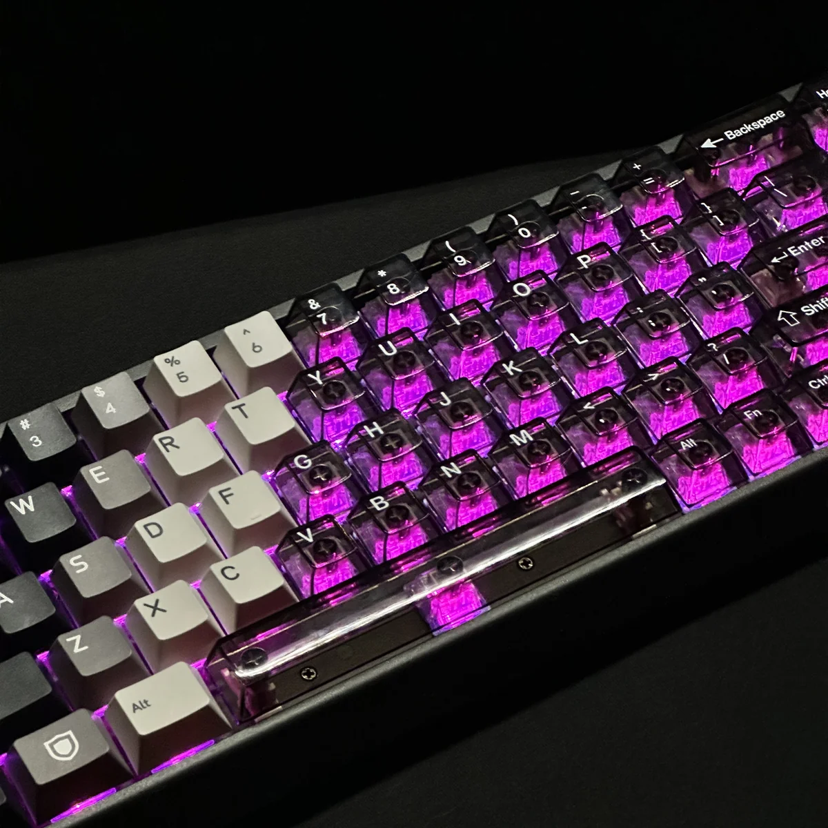 Premium Knight PBT PC Keycaps Set, showcasing artistic dual-tone translucent PBT/PC design and vibrant RGB light passthrough.