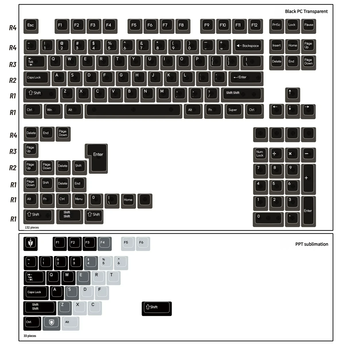Striking black translucent PBT PC keycaps set from the Knight set, showcasing a premium dual-tone design and brilliant RGB light passthrough.