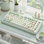 Adorable Picnic Bunny MOA profile PBT dye-sub keycaps set from a top-down view, highlighting charming pastel hues and whimsical nature-inspired picnic design.