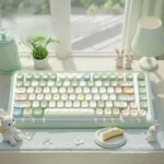 Adorable Picnic Bunny Keycaps Set, a PBT dye-sub MOA profile set featuring charming pastel hues and whimsical bunnies on a cozy picnic.