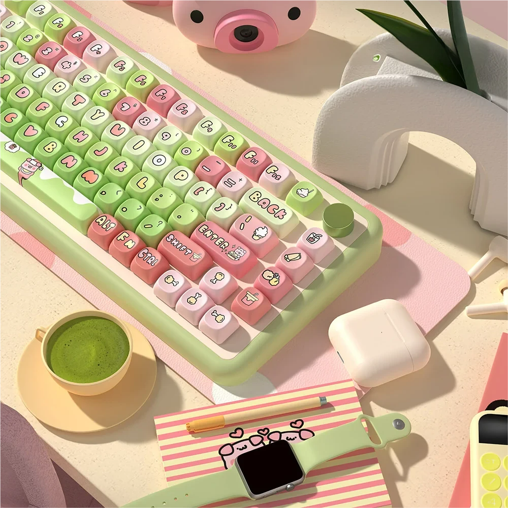 Vibrant and whimsical Crazy Thursday Piggy PBT keycaps set, showcasing playful cartoon pig designs from various angles, perfect for a colorful keyboard.