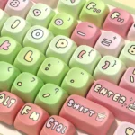 Close-up of vibrant, cartoonish pig characters on Whimsical Crazy Thursday Piggy PBT Keycaps Set, showcasing playful details and rich colors.
