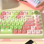 Close-up views of the vibrant, whimsical 'Crazy Thursday Piggy' PBT keycaps set, showcasing playful pig characters from various angles.