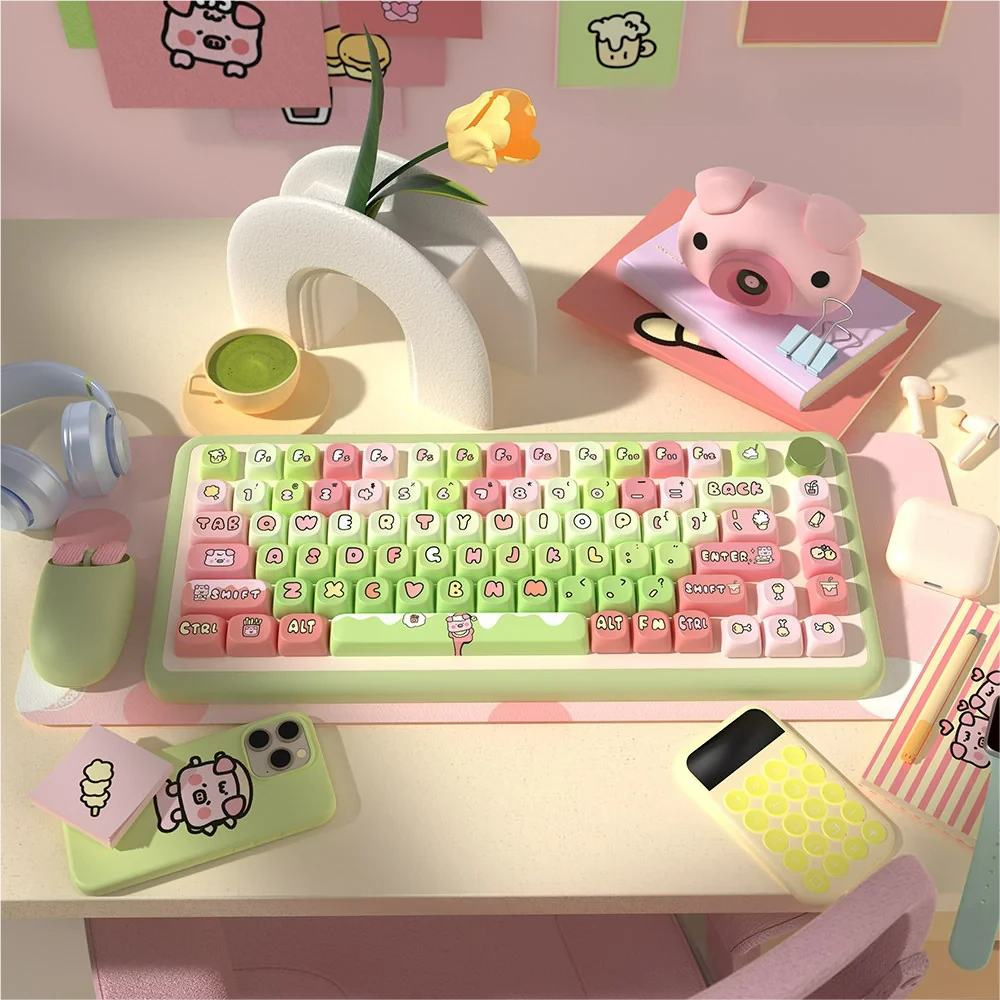 Main image of the whimsical Crazy Thursday Piggy PBT Keycaps Set, displaying vibrant, playful cartoon pig characters and a colorful aesthetic.