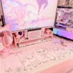 Adorable cute pink desk mat featuring whimsical dreamy lamb motifs and soft pastel aesthetics, perfect for a playful keyboard setup.