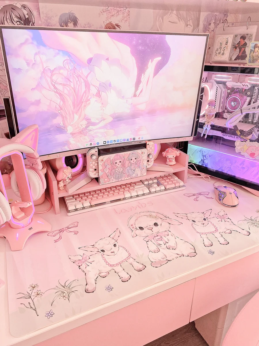 Adorable cute pink desk mat featuring whimsical dreamy lamb motifs and soft pastel aesthetics, perfect for a playful keyboard setup.
