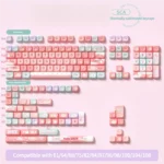 Ethereal Pink Glacier PBT keycaps set, SCA profile, 158-key set in a box, showcasing soft pinks and icy blues for a dreamlike aesthetic.