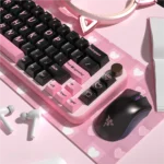 Pink Lightning PBT keycaps set in vibrant black and pink, showing electric motifs. Durable and playful, electrifying your desk from unique angles.