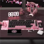 Pink Lightning PBT keycaps set: vibrant black & pink keys with electric lightning motifs. Striking theme, durable PBT for a playful desk setup.