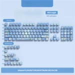 Playful Sanrio Pochacco PBT side-lit keycaps set showcased from a unique angle, revealing vibrant character art and dynamic RGB illumination.