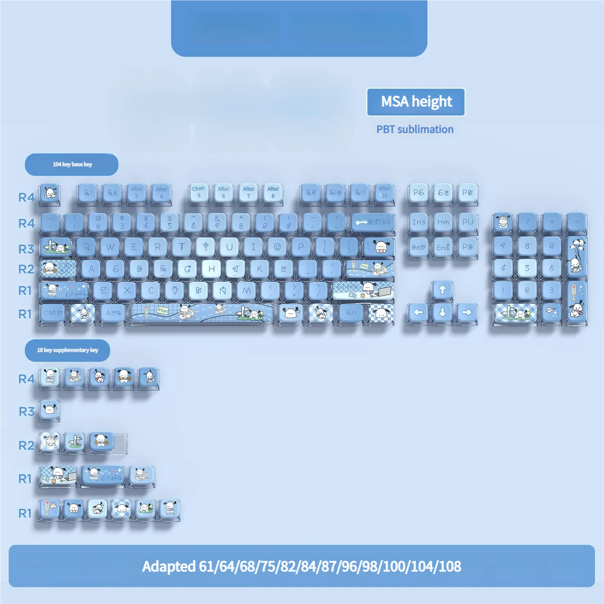 Playful Sanrio Pochacco PBT side-lit keycaps set showcased from a unique angle, revealing vibrant character art and dynamic RGB illumination.