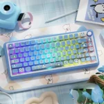 Vibrant Sanrio Pochacco PBT keycaps set showcasing playful character art and dynamic side-lit RGB illumination, perfect for custom keyboards.