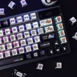 Views of Mega Pixel Pokemon PBT RGB translucent keycaps set, highlighting bold pixel art and vibrant three-sided RGB glow for a dark gaming aesthetic.