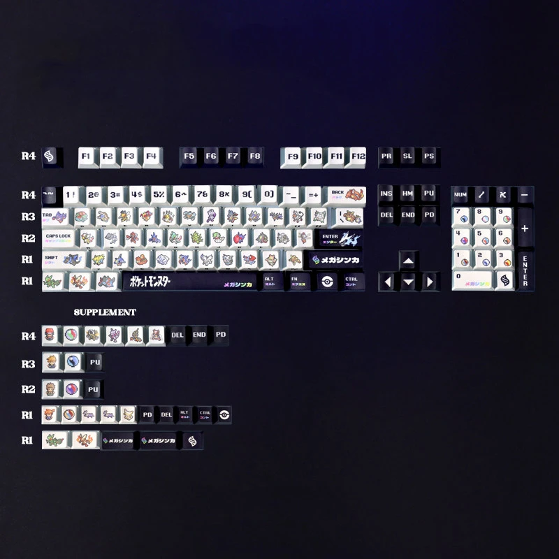 Dynamic view of Mega Pixel Pokemon PBT RGB translucent keycaps set, showcasing exclusive pixel art details and the three-sided RGB glow from various angles.
