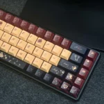 Vibrant red PBT Dye-sub Poker Keycap Set, showcasing unique card symbols from multiple angles for a winning style.