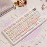 A playful gallery of Chiikawa translucent keycaps set, showcasing vibrant RGB backlit designs and adorable characters from various angles for a whimsical design.