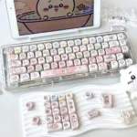 Adorable Chiikawa Translucent Keycap Set, showcasing whimsical characters and vibrant backlit designs from multiple angles for a personalized keyboard.