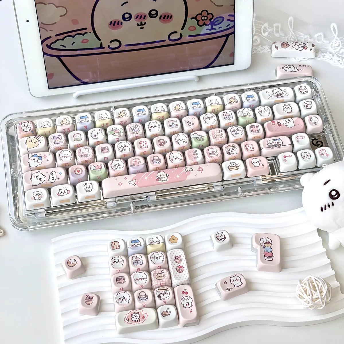 Adorable Chiikawa Translucent Keycap Set, showcasing whimsical characters and vibrant backlit designs from multiple angles for a personalized keyboard.