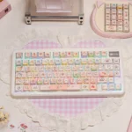 Whimsical Chiikawa translucent keycap set from various angles, highlighting cute characters and vibrant backlit design for a unique keyboard aesthetic.