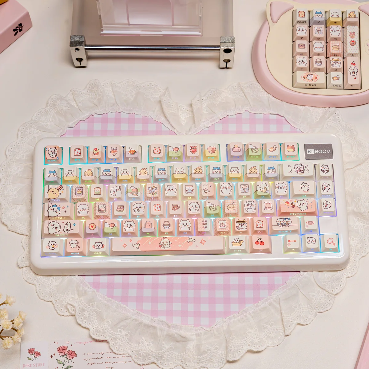 Whimsical Chiikawa translucent keycap set from various angles, highlighting cute characters and vibrant backlit design for a unique keyboard aesthetic.