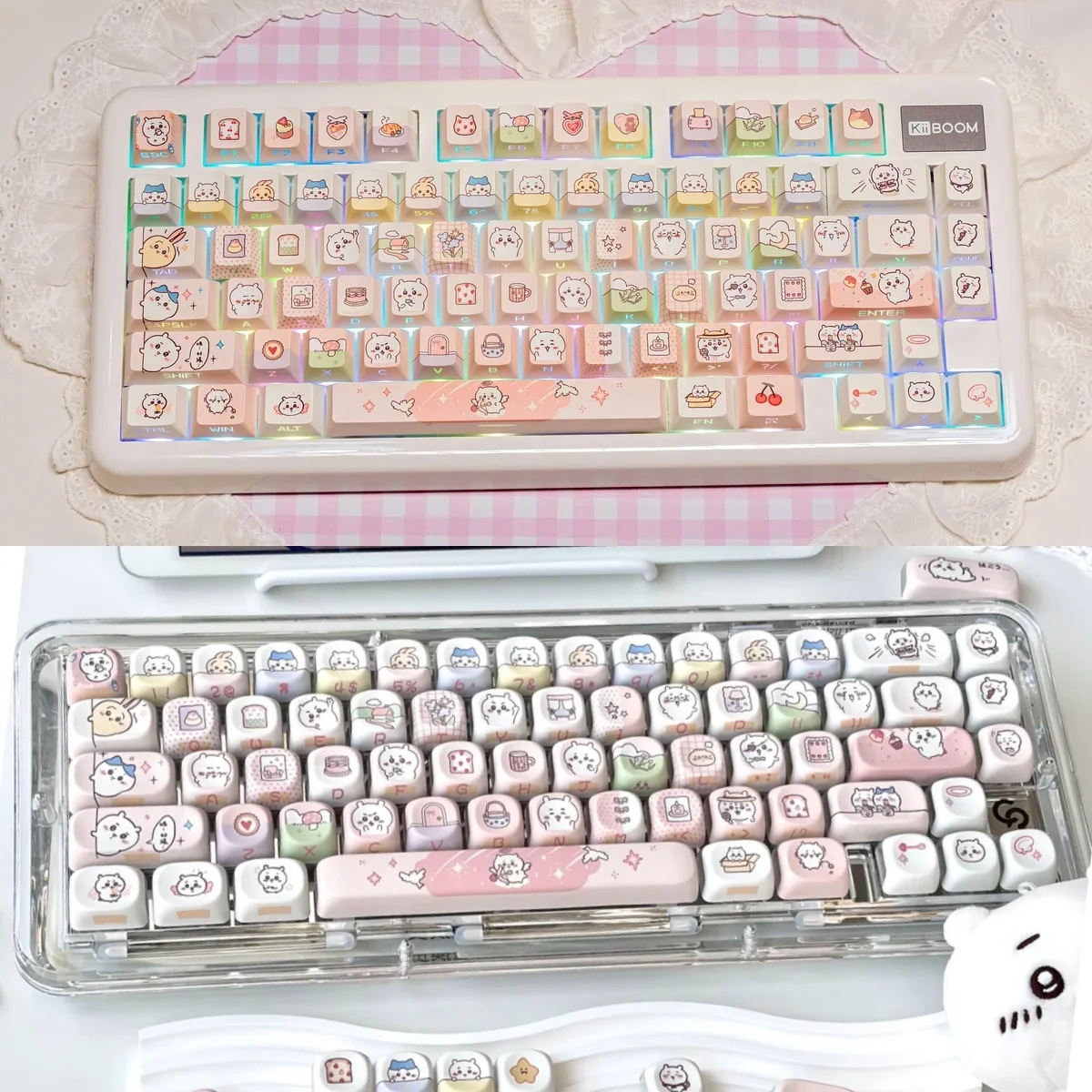 Premium Chiikawa Translucent Keycap Set with whimsical characters and vibrant backlit RGB keys, perfect for a cute, personalized keyboard aesthetic.
