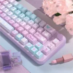 Ethereal Purple Butterfly PBT Dye-sub Keycap Set, various views. Delicate purple butterflies dance on keys, evoking a dreamy fantasy garden.