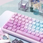 Vibrant MDA PBT Purple Butterfly Keycap Set close-up, showing its dye-sublimated fantasy motif. An artistic, serene design.