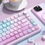 Purple Butterfly Keycaps Set (MDA PBT). Vibrant dye-sublimated keycaps showcasing serene, fantasy-inspired motifs from multiple angles.