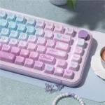 Close-up of the Ethereal Purple Butterfly Keycaps Set, showcasing vibrant PBT dye-sublimated MDA profile. This artistic view highlights the serene fantasy setup.