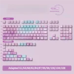 Ethereal Purple Butterfly Keycaps Set MDA PBT. Vibrant dye-sublimated PBT keycaps with serene purple butterfly motifs, shown from diverse views.