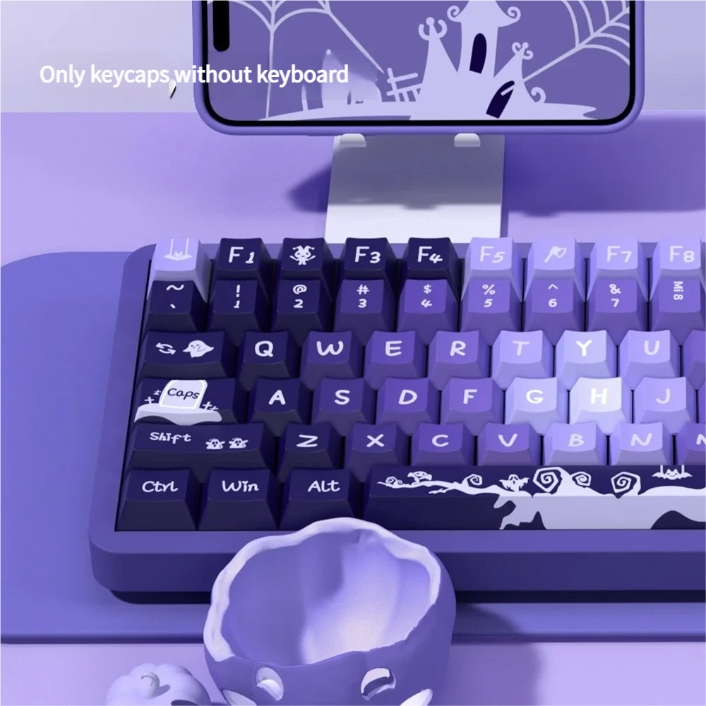 A gallery of Crying Monster purple gradient PBT keycaps set, showcasing the exclusive whimsical monster art from multiple angles, highlighting the soothing.