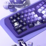 Close-up view of the artistic Crying Monster purple gradient PBT keycaps set, showcasing its unique whimsical design and soothing aesthetic from multiple angles.
