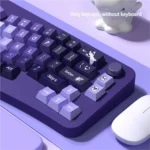 A collection of Crying Monster Purple Gradient PBT Keycaps Set, showcasing the exclusive artistic design from multiple angles, highlighting the soothing setup.