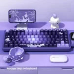 Purple PBT keycaps set featuring an exclusive Crying Monster purple gradient design. This artistic set showcases whimsical monster art with soothing aesthetics.