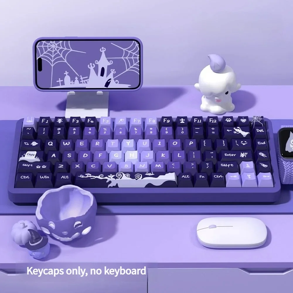 Purple PBT keycaps set featuring an exclusive Crying Monster purple gradient design. This artistic set showcases whimsical monster art with soothing aesthetics.