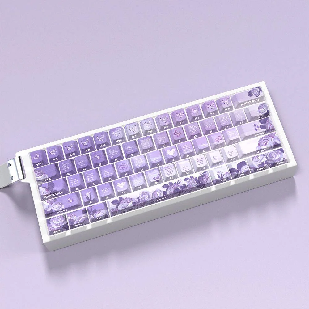 Purple Rose Keycaps Set: PBT side-lit shine-through design. Mysterious deep purple rose motif glows captivatingly from this artistic angle.